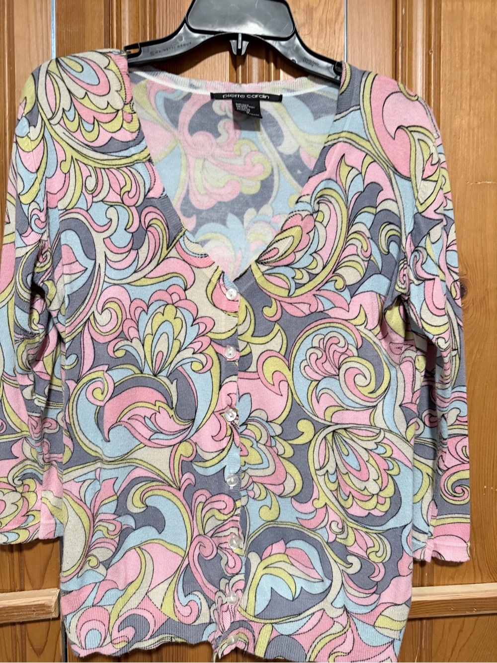 Pierre Cardin Pastel Swirl Button-Front Cardigan in Pink, Blue & Yellow